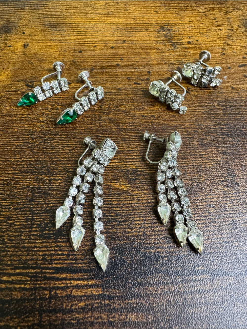 Vintage Screw-Back Crystal Drop Earrings Bundle - 3 Pairs in Silver Tone